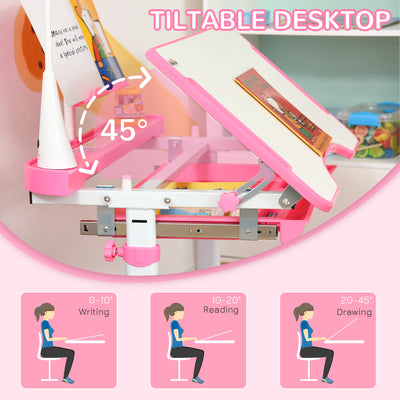 HOMCOM Kids Study Desk and Chair Set w/ Adjustable Height, Storage, Drawer, Pink 