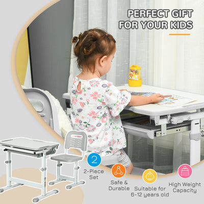 HOMCOM Kids Desk and Chair Set, Student Adjustable Writing Desk, with Drawer, Pen Slot, Hook - Grey 