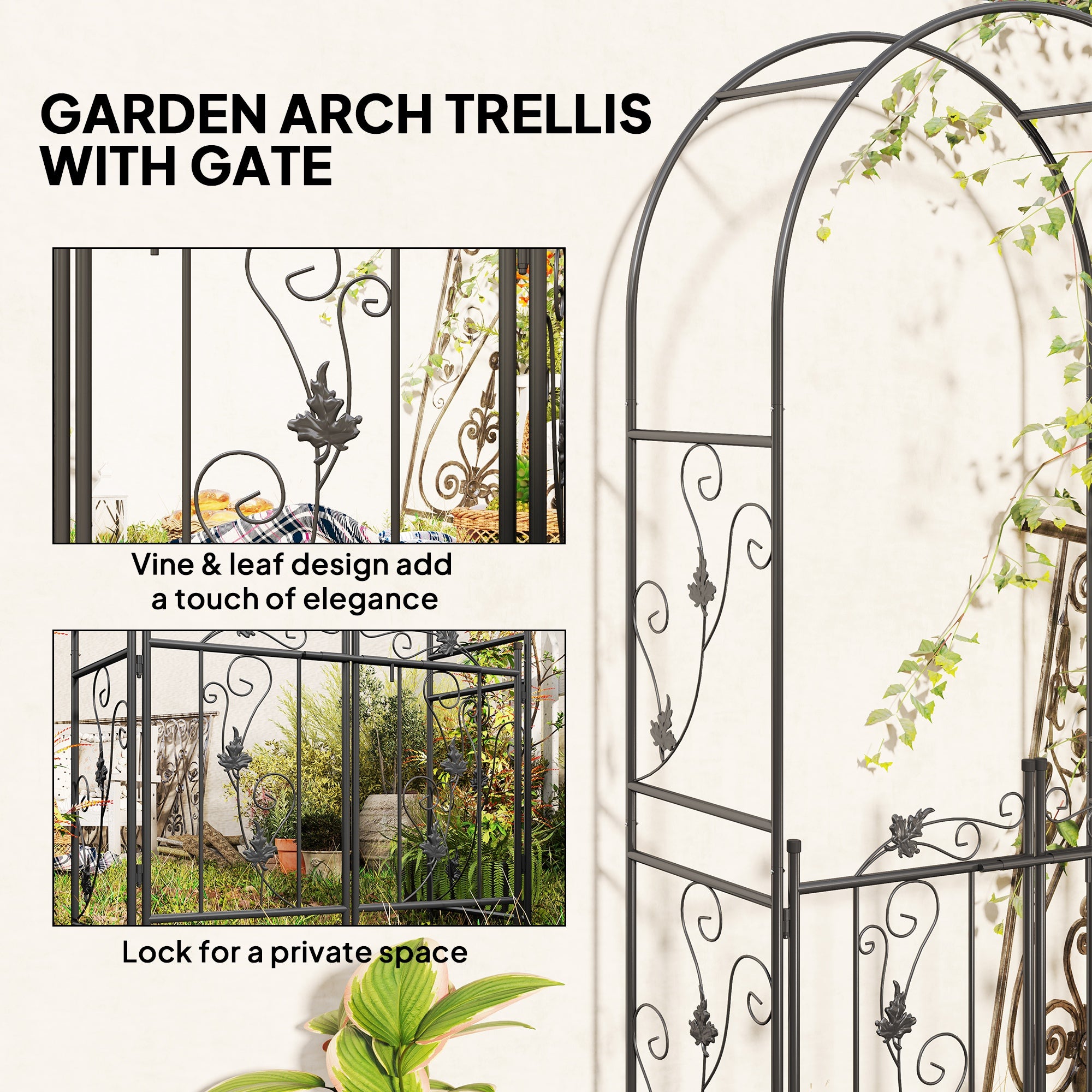 Outsunny 2.17m Steel Garden Arch with Gate, Wedding Arch for Outdoor, Garden, 107W x 45D x 217H cm Black 