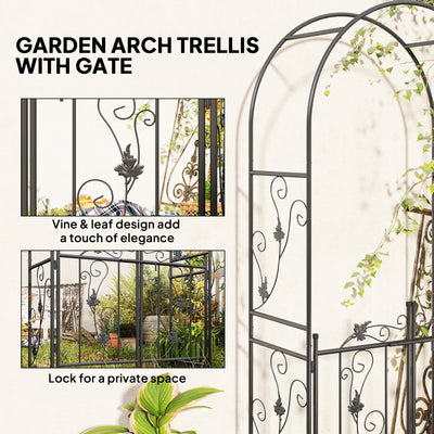 Outsunny 2.17m Steel Garden Arch with Gate, Wedding Arch for Outdoor, Garden, 107W x 45D x 217H cm Black 