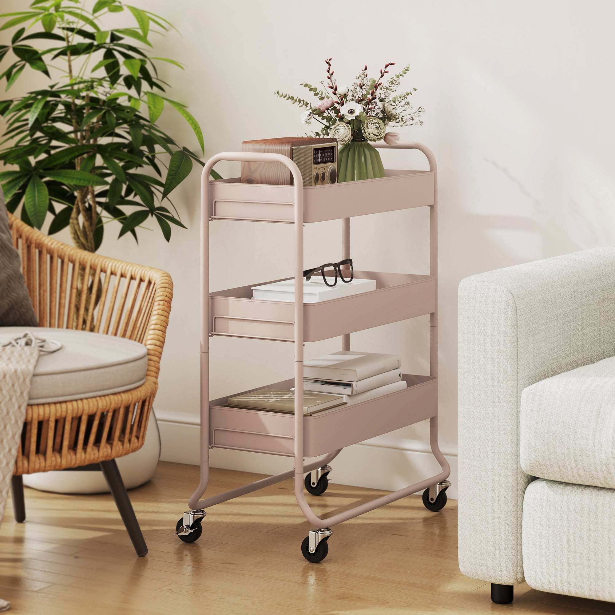 HOMCOM 3-Tier Storage Trolley on Wheels, Rolling Utility Cart with Mesh Backets for Kitchen, Bathroom, Bedroom, Light Pink 