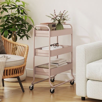 HOMCOM 3-Tier Storage Trolley on Wheels, Rolling Utility Cart with Mesh Backets for Kitchen, Bathroom, Bedroom, Light Pink 