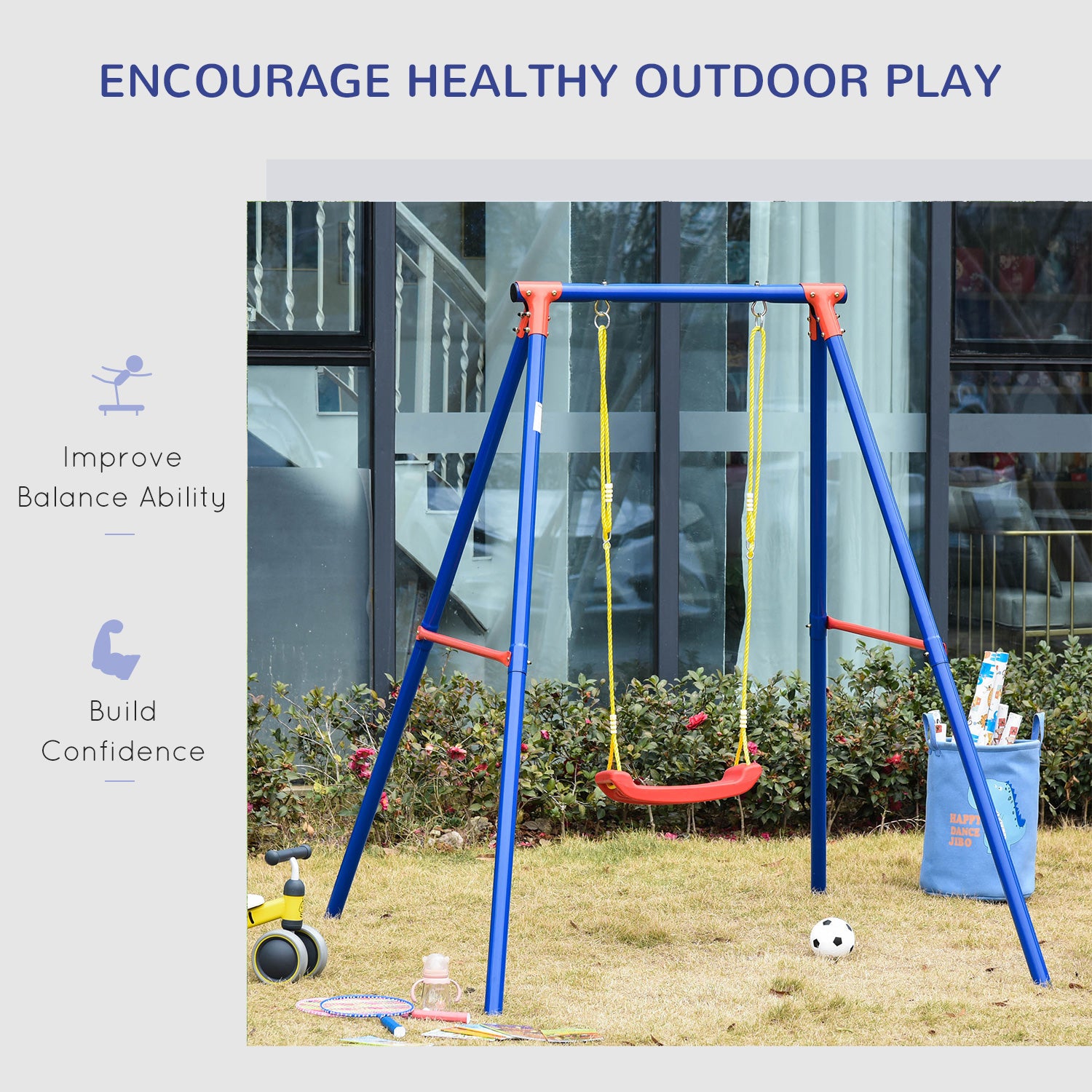 Outsunny Kids Swing Set Toddler Swing Adjustable Rope Heavy Duty A-Frame Stand Outdoor Playset for 3-8 Years Old Blue 