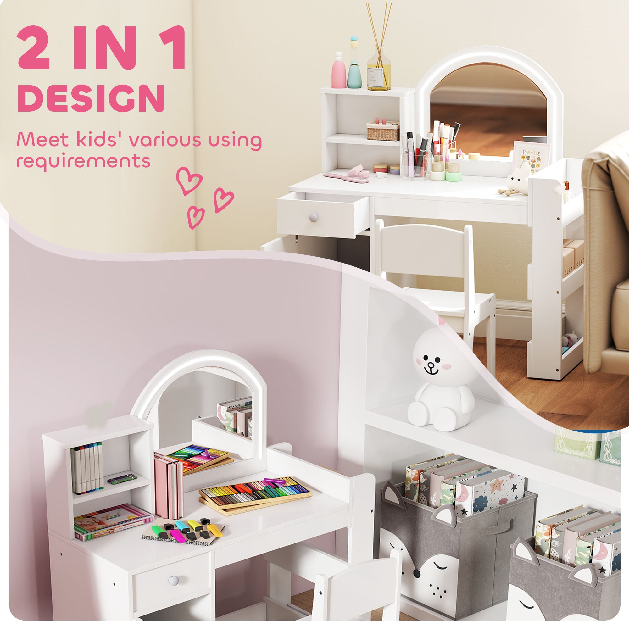 AIYAPLAY Kids Vanity Table and Chair Set, Girls Dressing Table with 2-Colour LED Mirror, Stool, Cabinet, Drawer, Shelves, White 