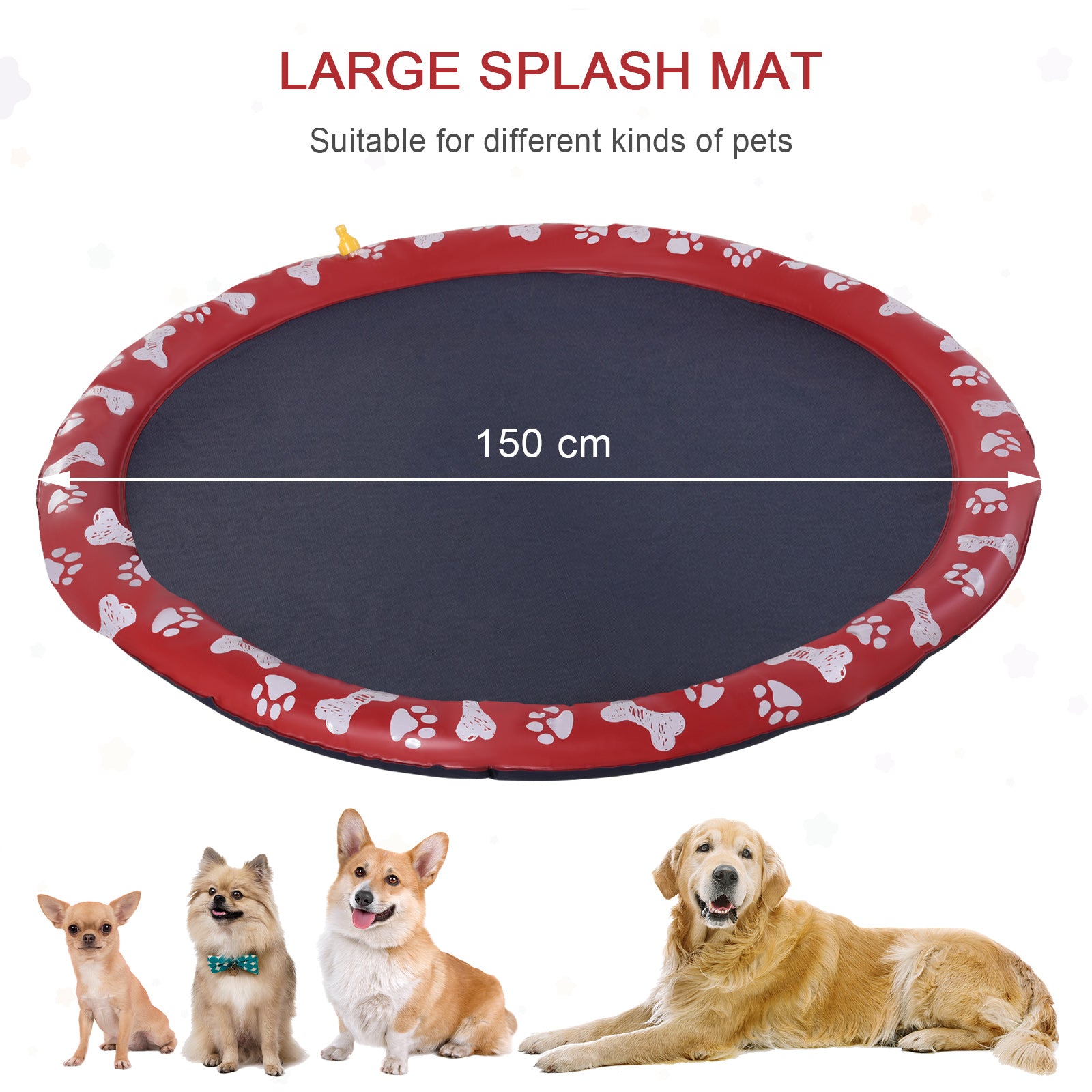 PawHut 150cm Splash Pad Sprinkler for Pets Dog Bath Pool Water Game Mat Toy Non-slip Outdoor Backyard Red 