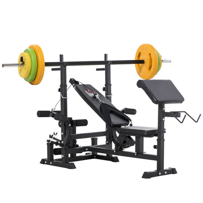 HOMCOM Weight Bench with Adjustable Barbell Rack, Leg Extension, Preacher Curl Pad and 20kg Barbell Set 
