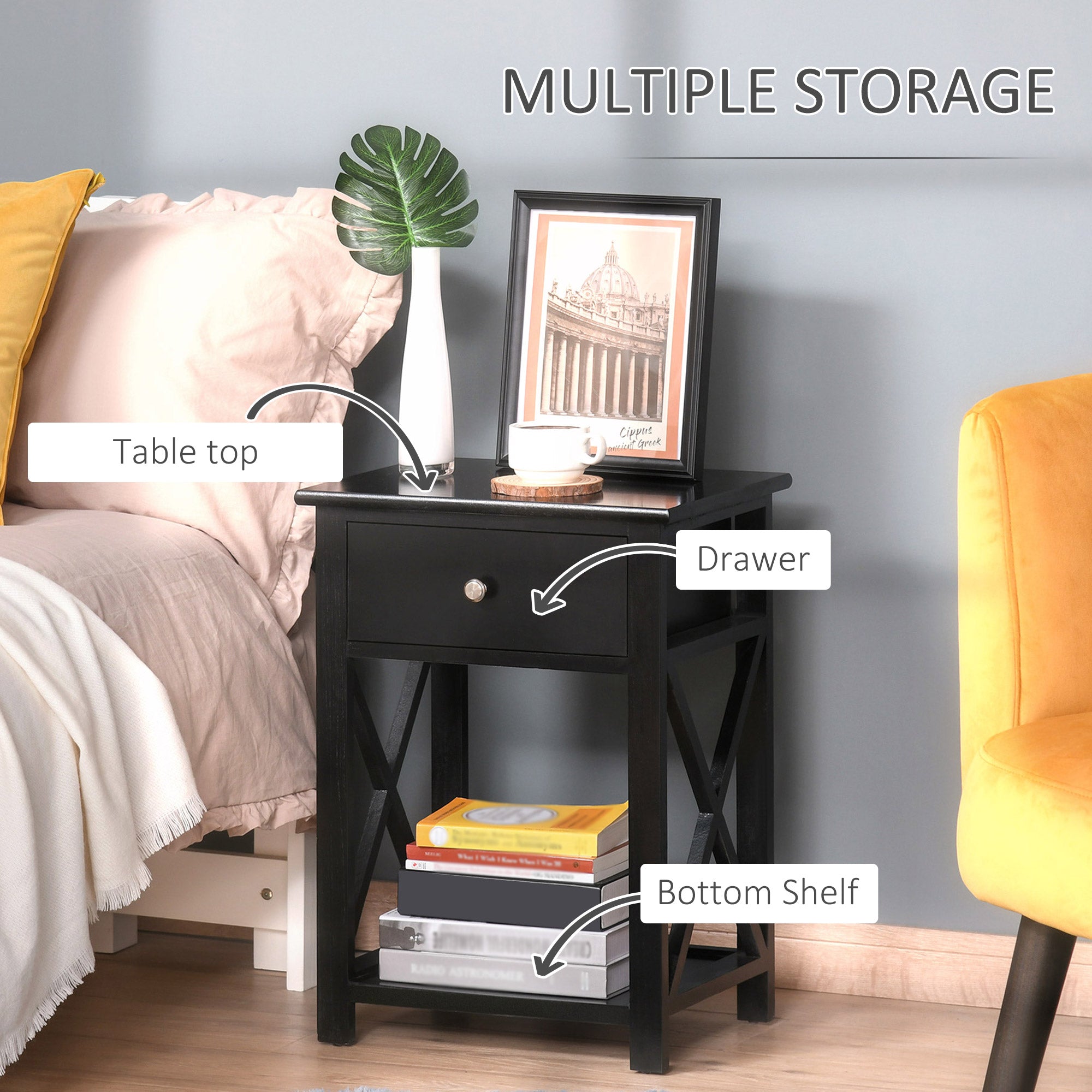 HOMCOM End Table, Sofa Side Table with Drawer X Bar Bottom Storage Shelf, Nightstand Bedside Table for Bedroom or Living Room Black 