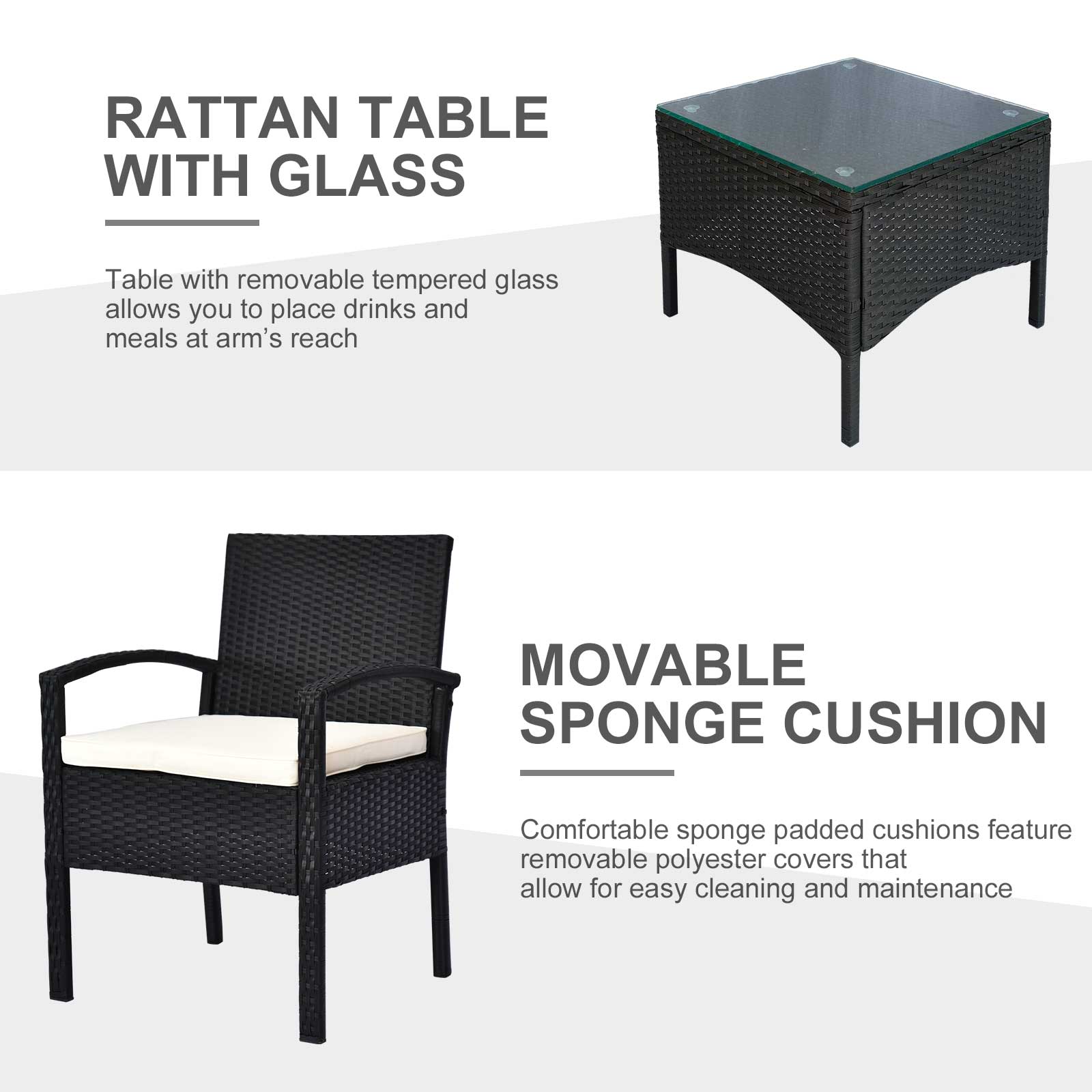 Outsunny 2 Seater Rattan Bistro Set, Steel-Black 