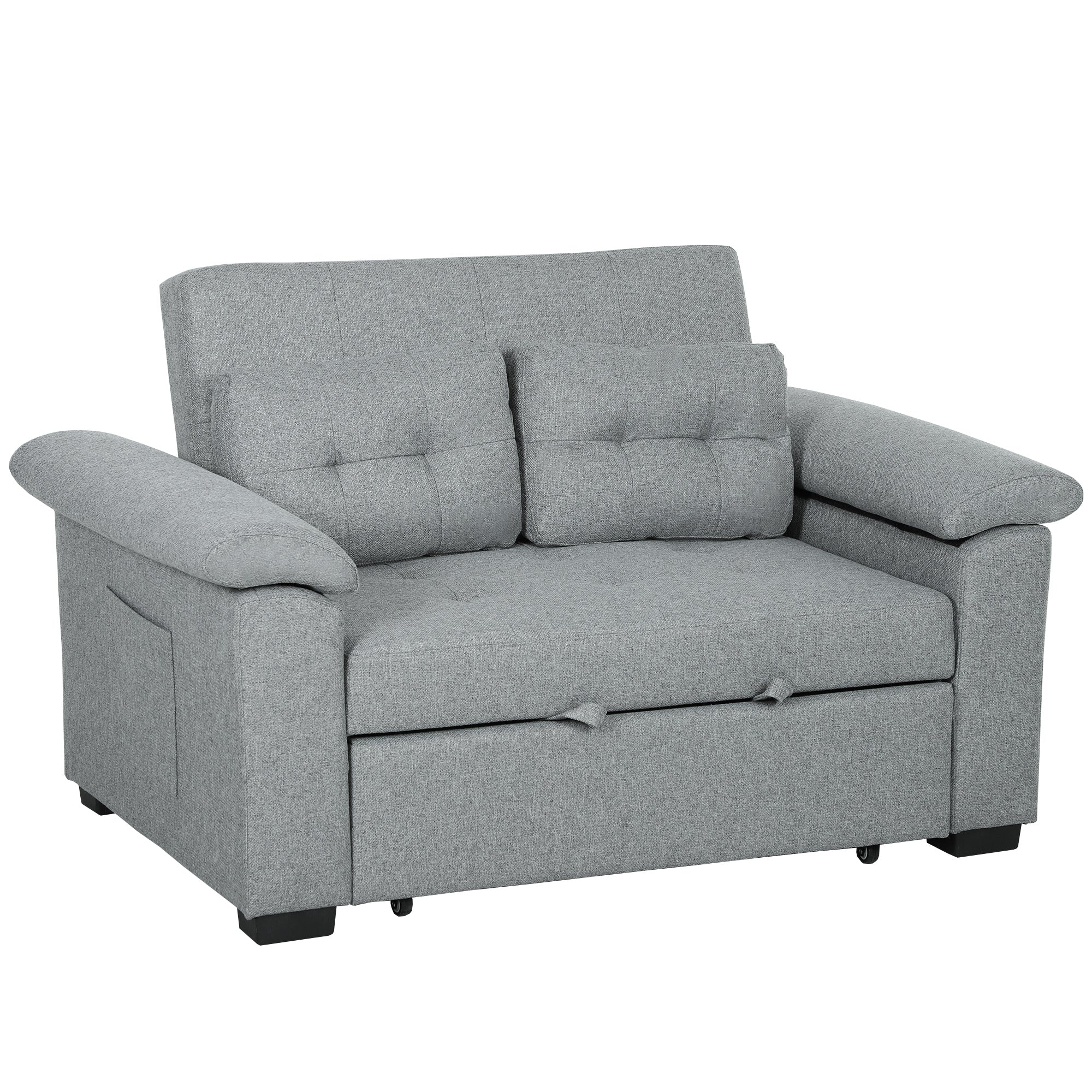 HOMCOM Pull Out Sofa Bed with 2 Pocket Springs, Fabric 2 Seater Click Clack Sofa Bed Settee, Convertible Sofa Couch with Pillows and Side Pockets for Living Room, Home Office, Light Grey 