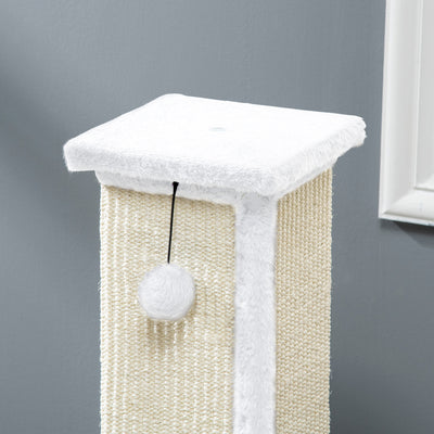 PawHut 81cm Cat Scratcher, Vertical Full Scratcher w/ Natural Sisal Rope, Hanging Ball, Soft Plush - White 