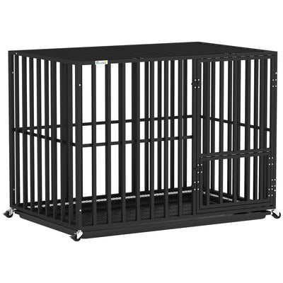 PawHut Heavy Duty Dog Crate, Dog Cage with Wheels for Medium Large Breeds, Metal Pet Kennel with Removable Tray 