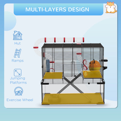 PawHut Gerbil Cage Dwarf Hamster Cage, with Deep Glass Bottom, Tunnels, Hut, Exercise Wheel, 60 x 40 x 57cm 