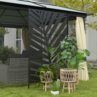 Outsunny Decorative Privacy Screen with Stand, 6.5FT Freestanding Metal Outdoor Divider, Decorative Privacy Panel with Expansion Screws for Garden Patio Pool Hot Tub, Banana Leaf Style, Black 