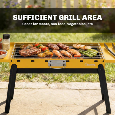 Outsunny Portable BBQ Grill, Foldable Charcoal Grill for Camping and Picnics with 2 Side Shelves and Handle, Yellow 