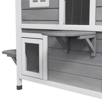 PawHut 2-story Cat House Outdoor, Weatherproof Wooden Cat Enclosure for Feral Cats with Escape Door, Openable Roof, Jumping Platforms, Grey 