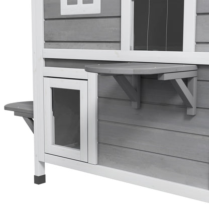 PawHut 2-story Cat House Outdoor, Weatherproof Wooden Cat Enclosure for Feral Cats with Escape Door, Openable Roof, Jumping Platforms, Grey 