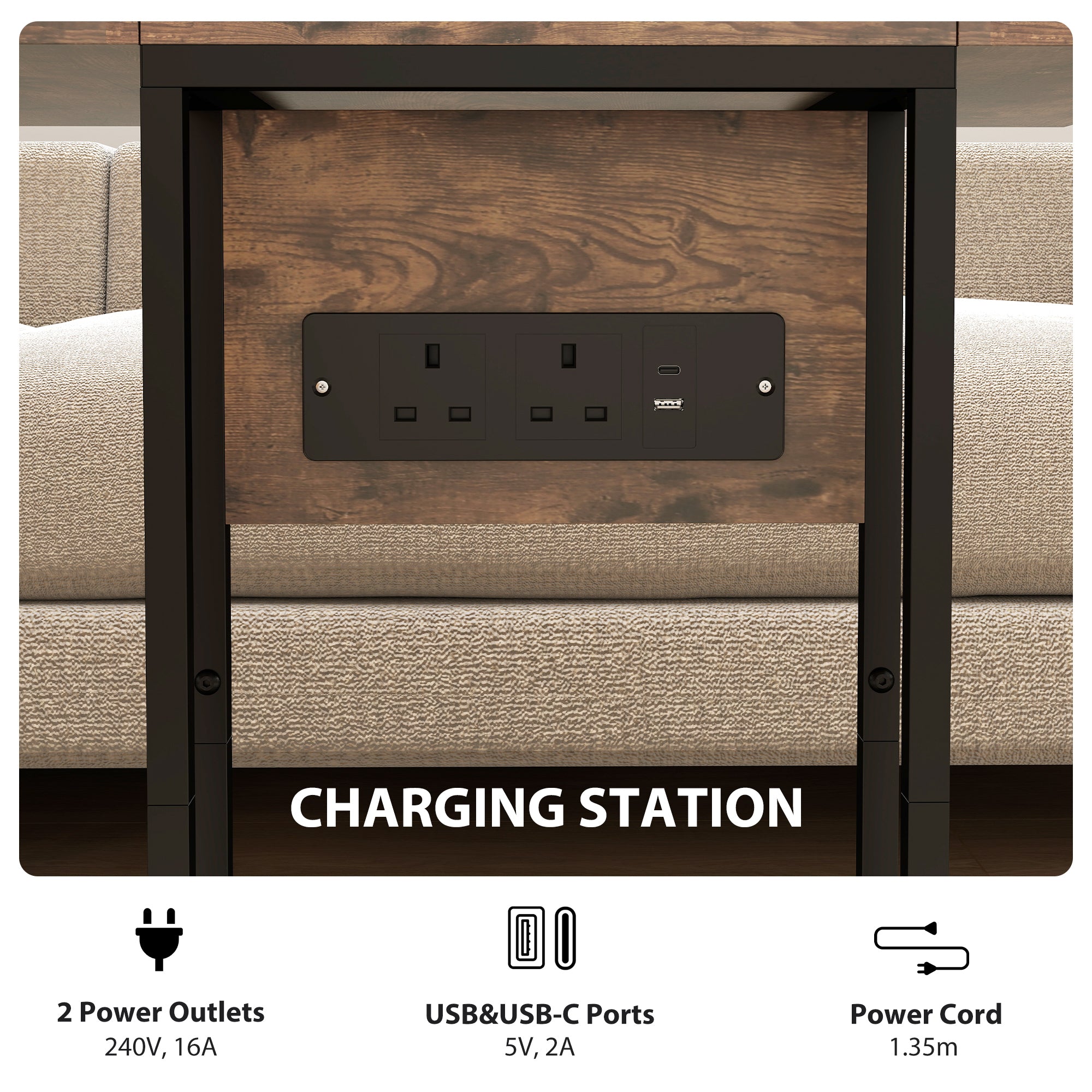 HOMCOM C Shaped Side Table with Charging Station and Foldable Top - Rustic Brown