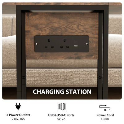 HOMCOM C Shaped Side Table with Charging Station and Foldable Top - Rustic Brown 