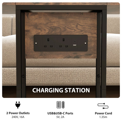 HOMCOM C Shaped Side Table with Charging Station and Foldable Top - Rustic Brown