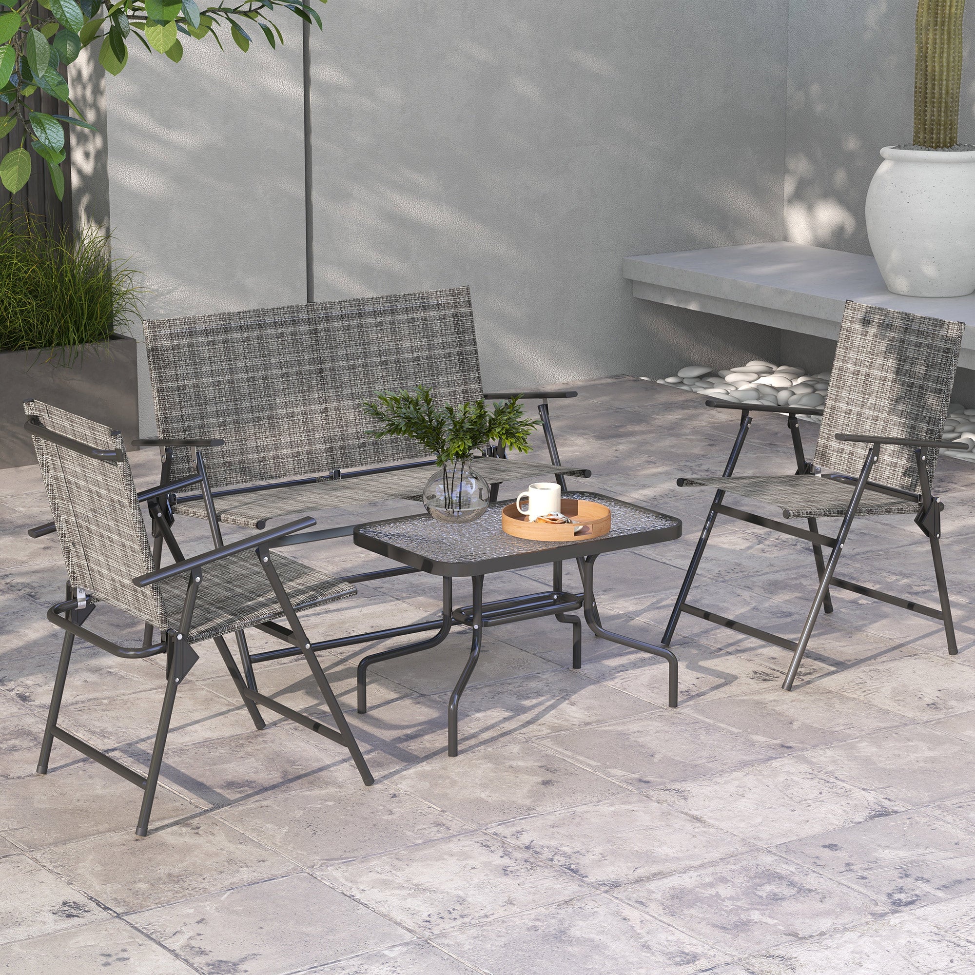 Outsunny Outdoor\'c2\'a04 Pieces Patio Furniture Set with Breathable Mesh Fabric\'c2\'a0Seat & Backrest,\'c2\'a0Garden Set with Two Foldable Armchairs, a Loveseat &\'c2\'a0Glass\'c2\'a0Top\'c2\'a0Table, Mixed Grey