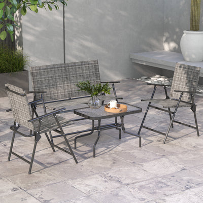 Outsunny Outdoor\'c2\'a04 Pieces Patio Furniture Set with Breathable Mesh Fabric\'c2\'a0Seat & Backrest,\'c2\'a0Garden Set with Two Foldable Armchairs, a Loveseat &\'c2\'a0Glass\'c2\'a0Top\'c2\'a0Table, Mixed Grey 