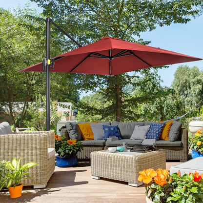 Outsunny 2.5 x 2.5m Patio Offset Parasol Umbrella Cantilever Hanging Aluminium Sun Shade Canopy Shelter 360\'c2\'b0 Rotation with Crank Handle and Cross Base, Wine Red