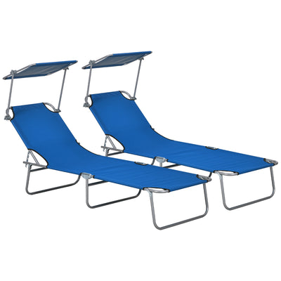 Outsunny Outdoor Foldable Sun Lounger Set of 2, 4 Level Adjustable Backrest Reclining Sun Lounger Chair with Angle Adjust Sun Shade Awning for Beach, Garden, Patio, Blue 