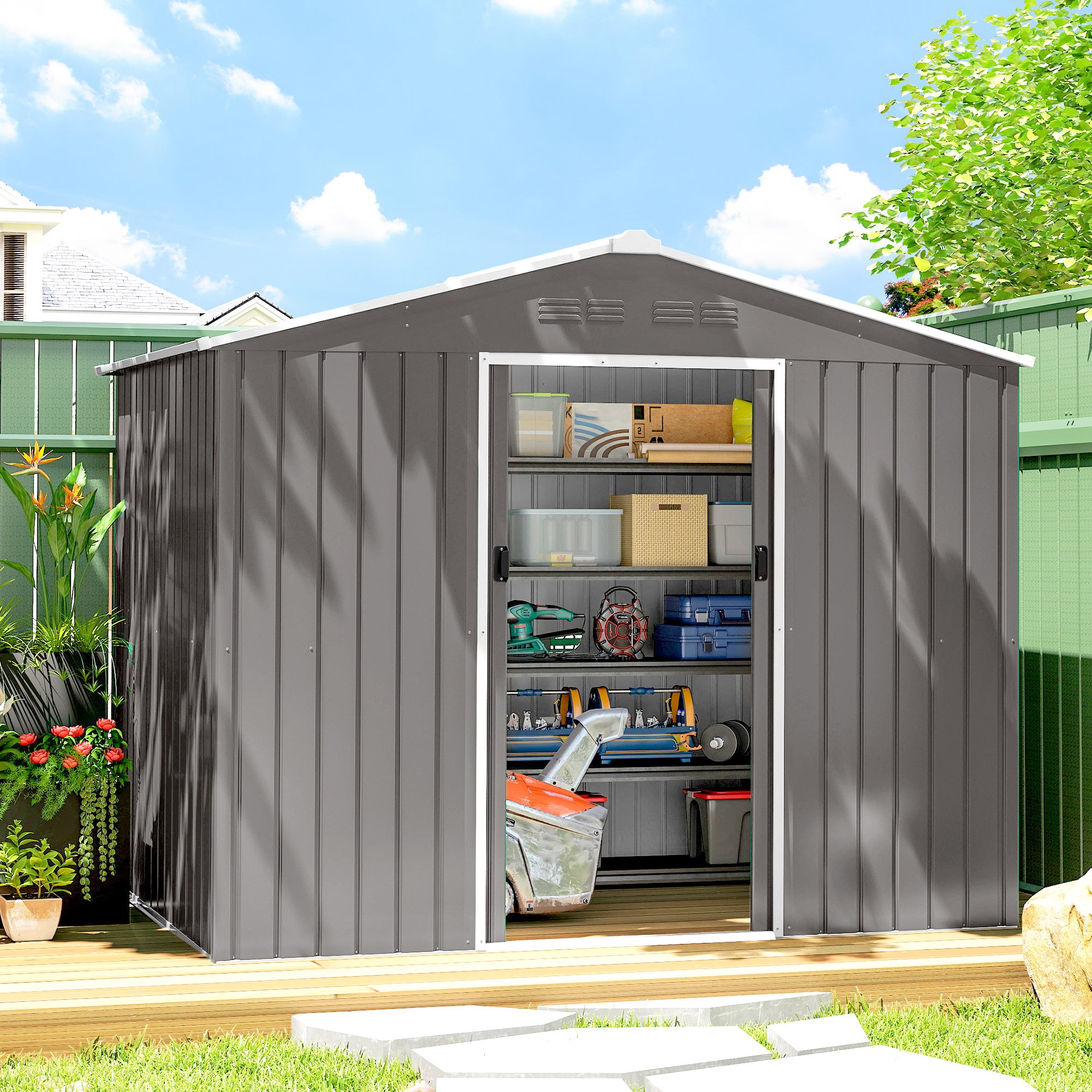 Outsunny 8 x 6ft Galvanised Steel Shed, with Double Door - Light Grey 