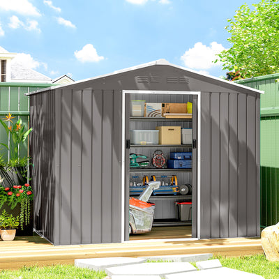 Outsunny 8 x 6ft Galvanised Steel Shed, with Double Door - Light Grey 