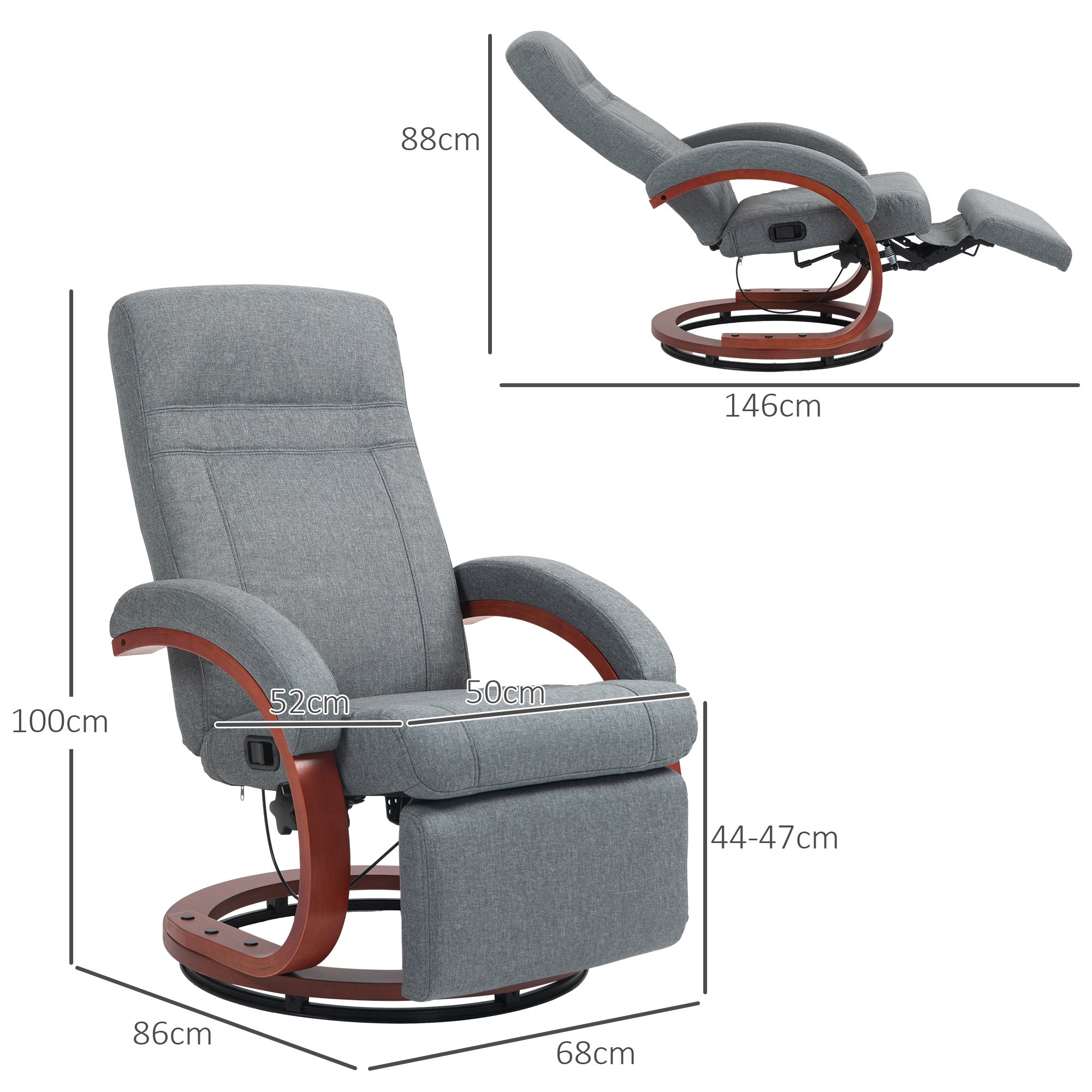 HOMCOM 135\'c2\'b0 Manual Reclining Swivel Chair, with Footrest - Grey