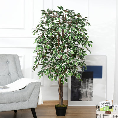 Outsunny 160cm/5.2FT Artificial Ficus Silk Tree with Nursery Pot, Decorative Fake Plant, for Indoor Outdoor Décor 