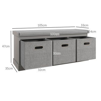 HOMCOM Three-Drawer Shoe Storage Bench, with Padded Top Seat - Grey 