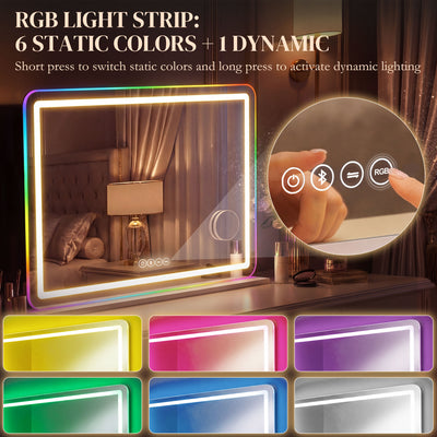 HOMCOM Vanity Mirror with Lights, Dimmable Makeup Mirror with Adjustable Colour Temperature, RGB Light, Bluetooth Speaker White 