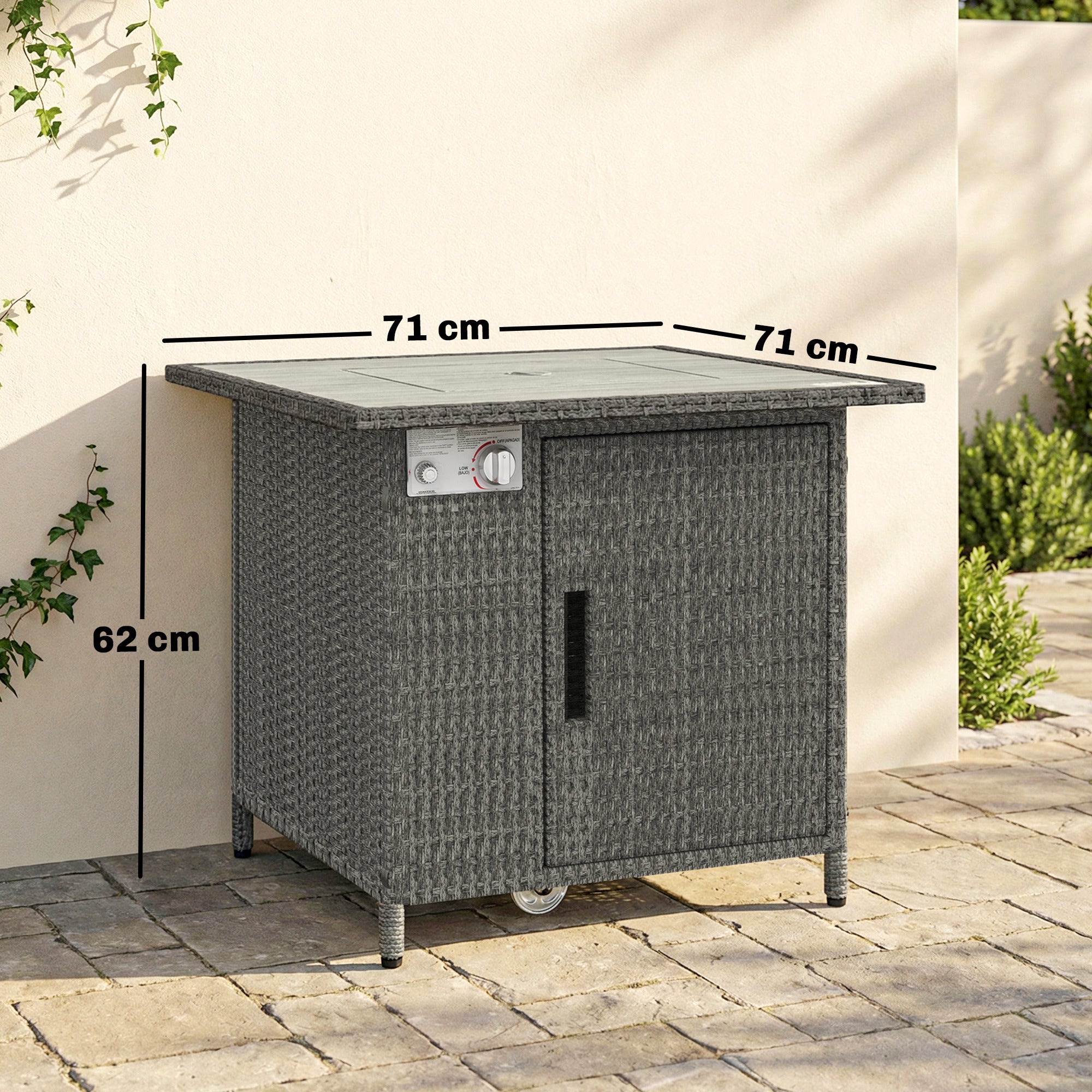 Outsunny 14.5 KW Rattan Gas Fire Pit Dining Table with Rain Cover, Wind Guard, Lid, Lava Rocks, Dark Grey 