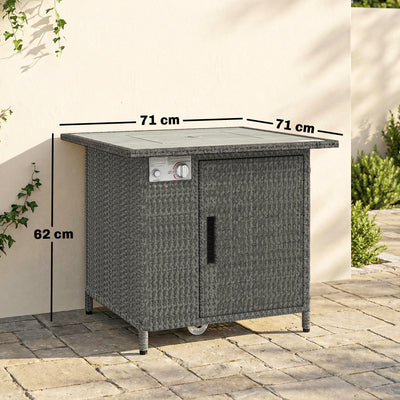 Outsunny 14.5 KW Rattan Gas Fire Pit Dining Table with Rain Cover, Wind Guard, Lid, Lava Rocks, Dark Grey 