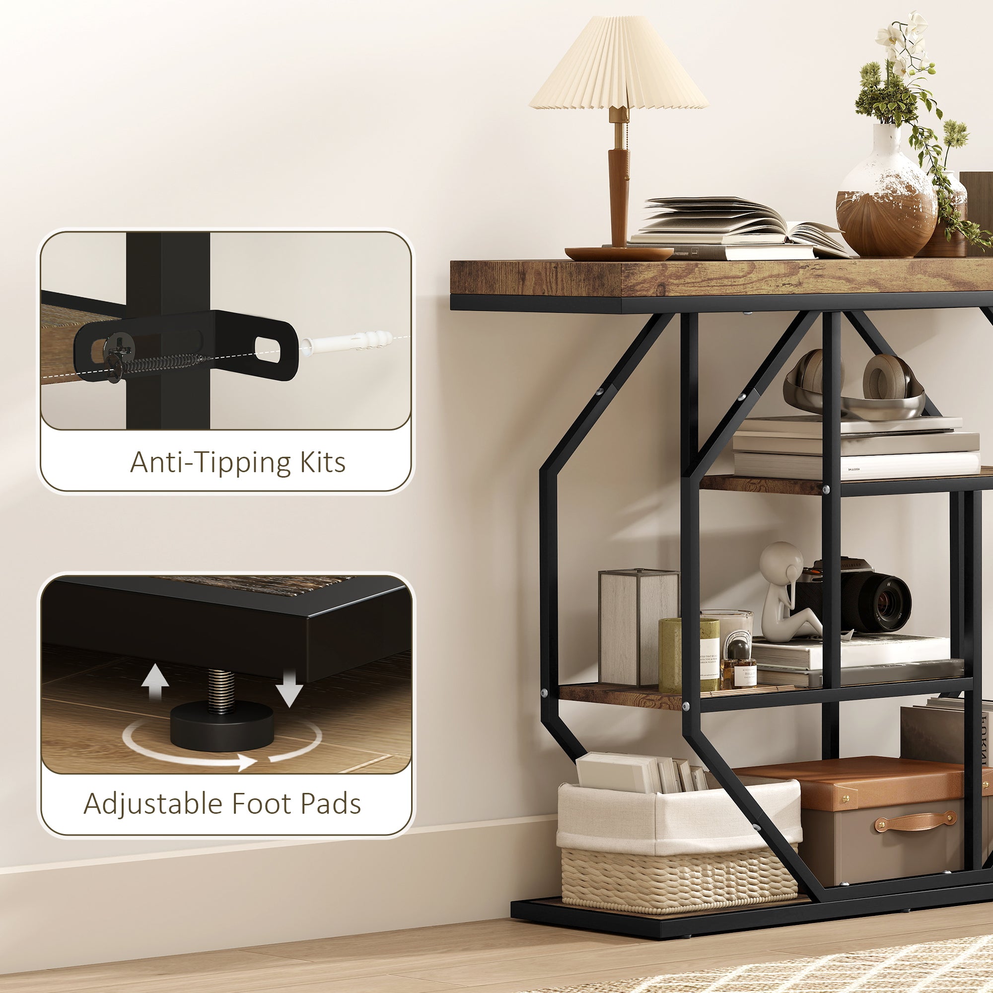 HOMCOM 4-Tier Industrial Console Table - Rustic Brown 