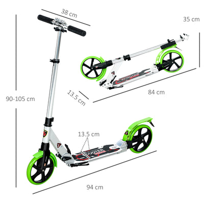 HOMCOM Folding Kick Scooter, Adjustable Ride On Scooter with 200mm Big Wheels and Double Shock Absorption, Urban Scooter for 14+ Teens Adult, Green 