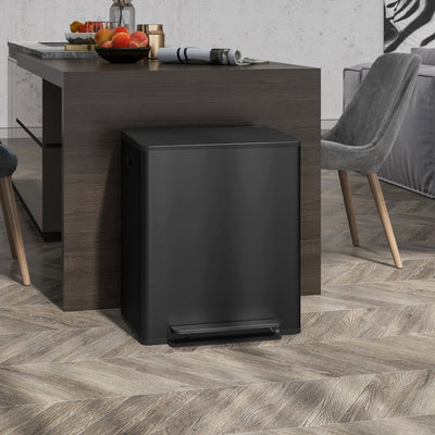 HOMCOM 50L Dual Compartment Stainless Steel Bin, with Deodoriser Holders - Black 
