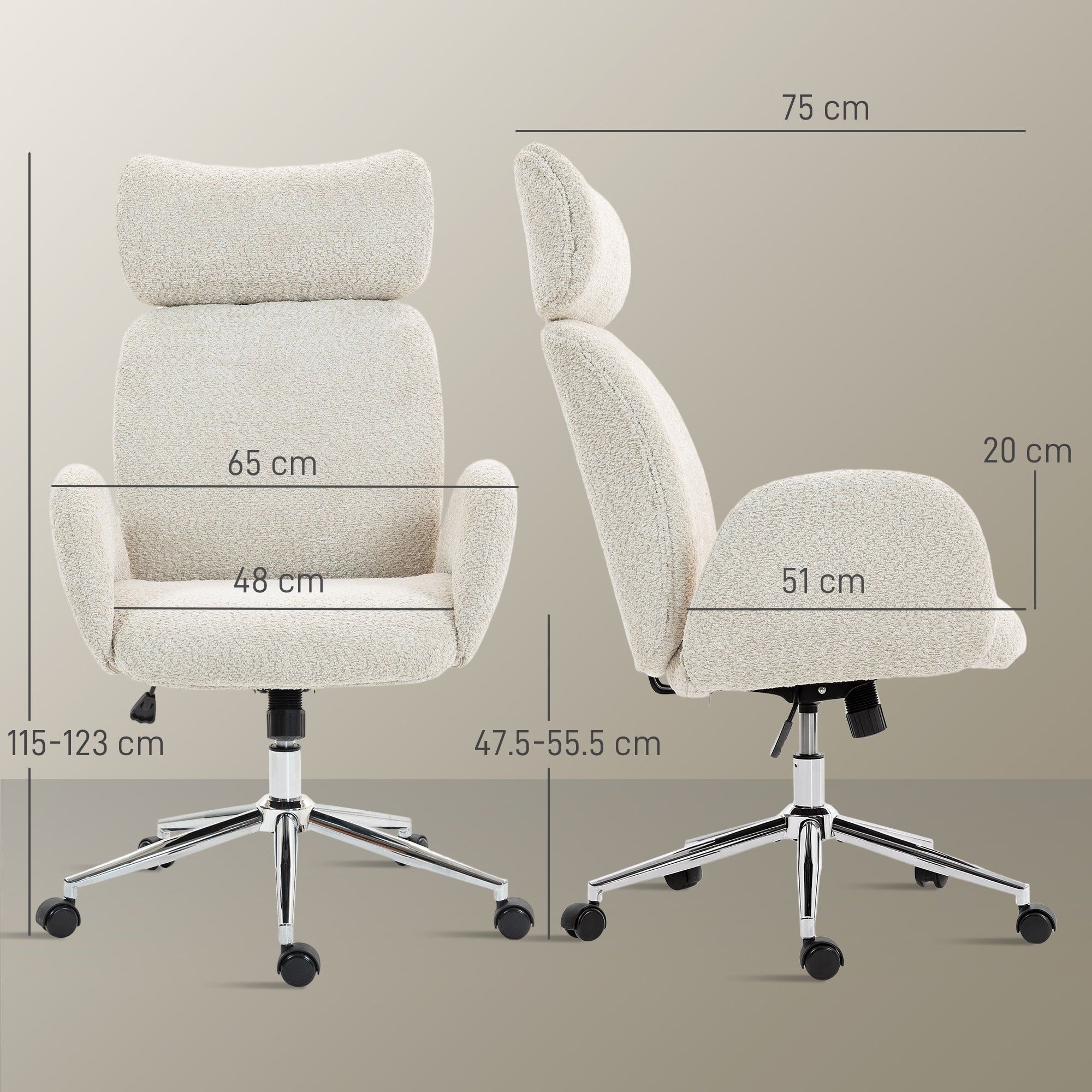 HOMCOM Office Chair with Adjustable Headrest, Spring Pack, Curved Line, Boucle Fabric - Pale Grey 