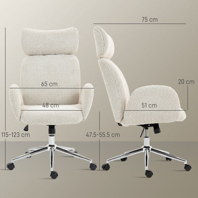 HOMCOM Office Chair with Adjustable Headrest, Spring Pack, Curved Line, Boucle Fabric - Pale Grey 