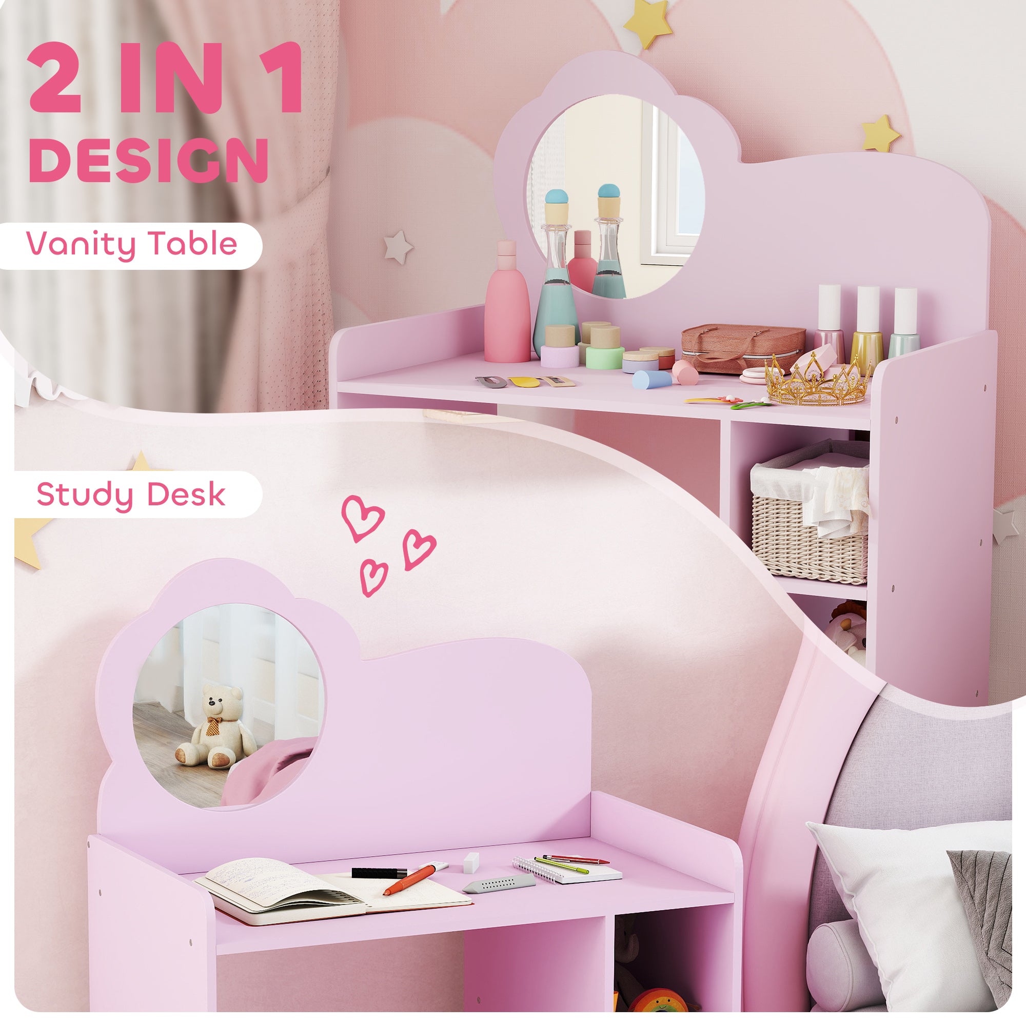 AIYAPLAY Kids Dressing Table with Mirror, Stool, Kids Vanity Table with Shelves, for Ages 3-8 Years, Purple 