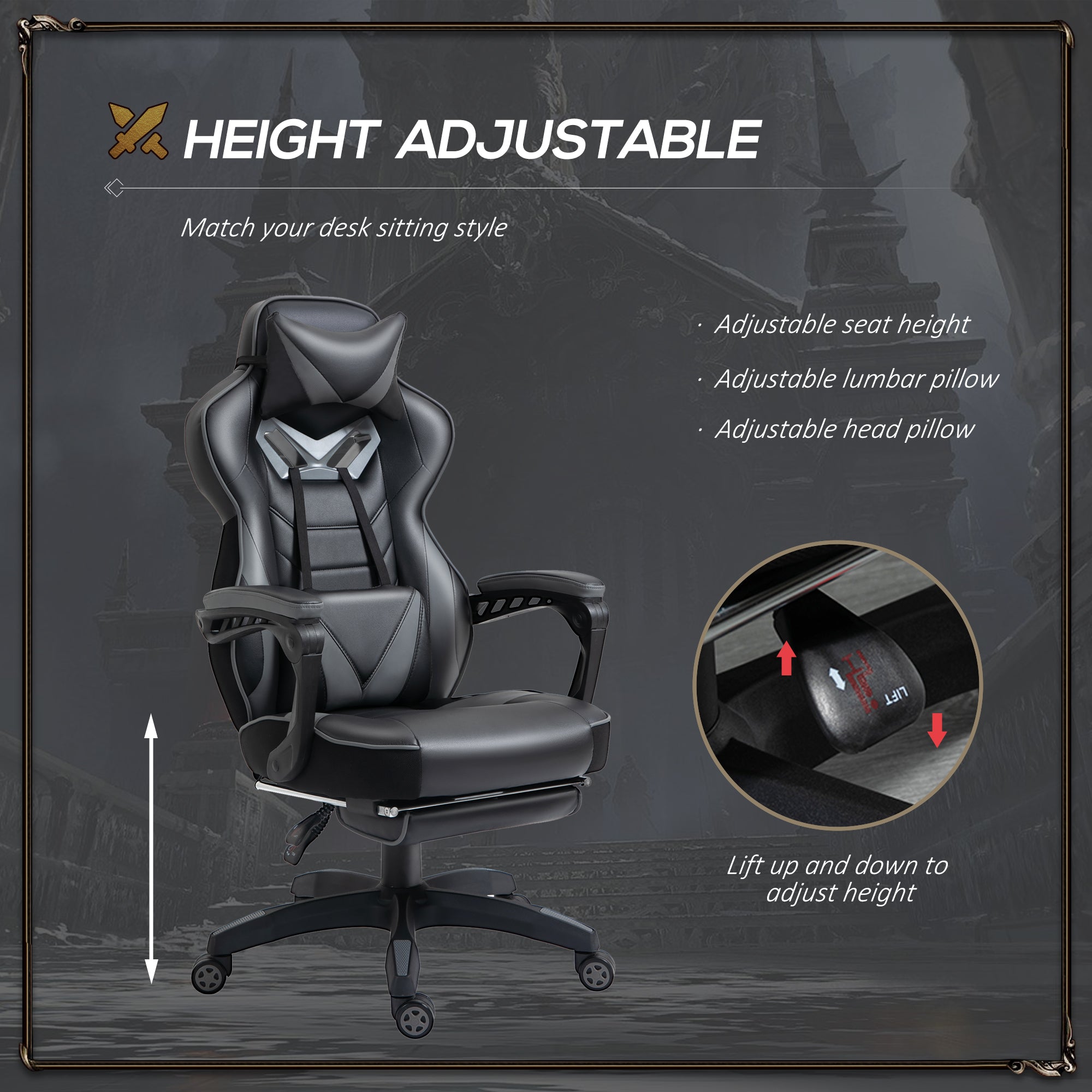 Vinsetto Computer Gaming Chair, Racing Desk Chair with Lumbar Support and Footrest, PU Leather Gamer Chair with Headrest and Swivel Wheels for Home, Grey 