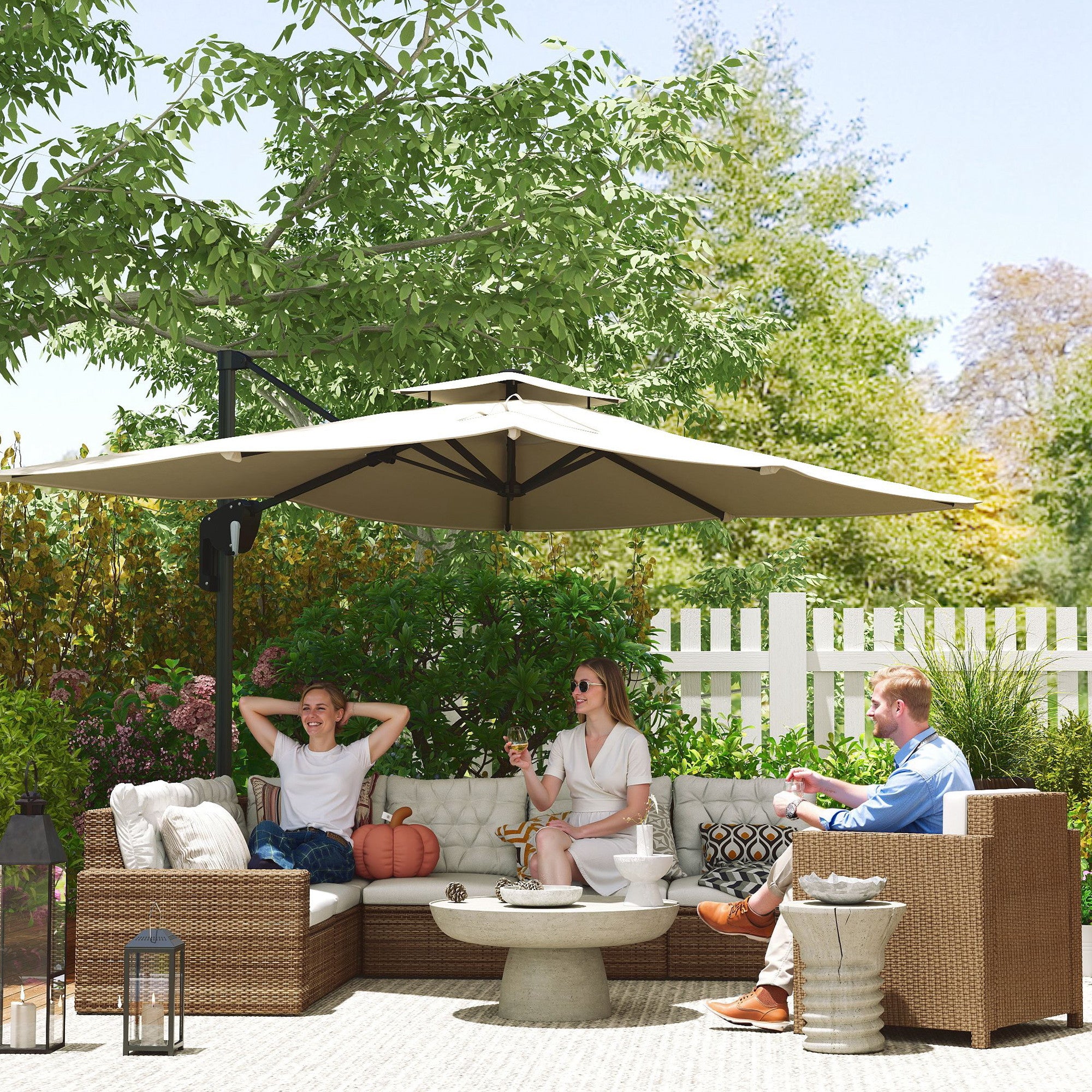 Outsunny 3.7 x 2.7 m Cantilever Parasol w/ 360° Rotation and Easy Tilt Adjustment, Aluminium Hanging Offset Outdoor Umbrella w/ Double Top and Cross Base, UPF50+ Hanging Sun Shade, Black
