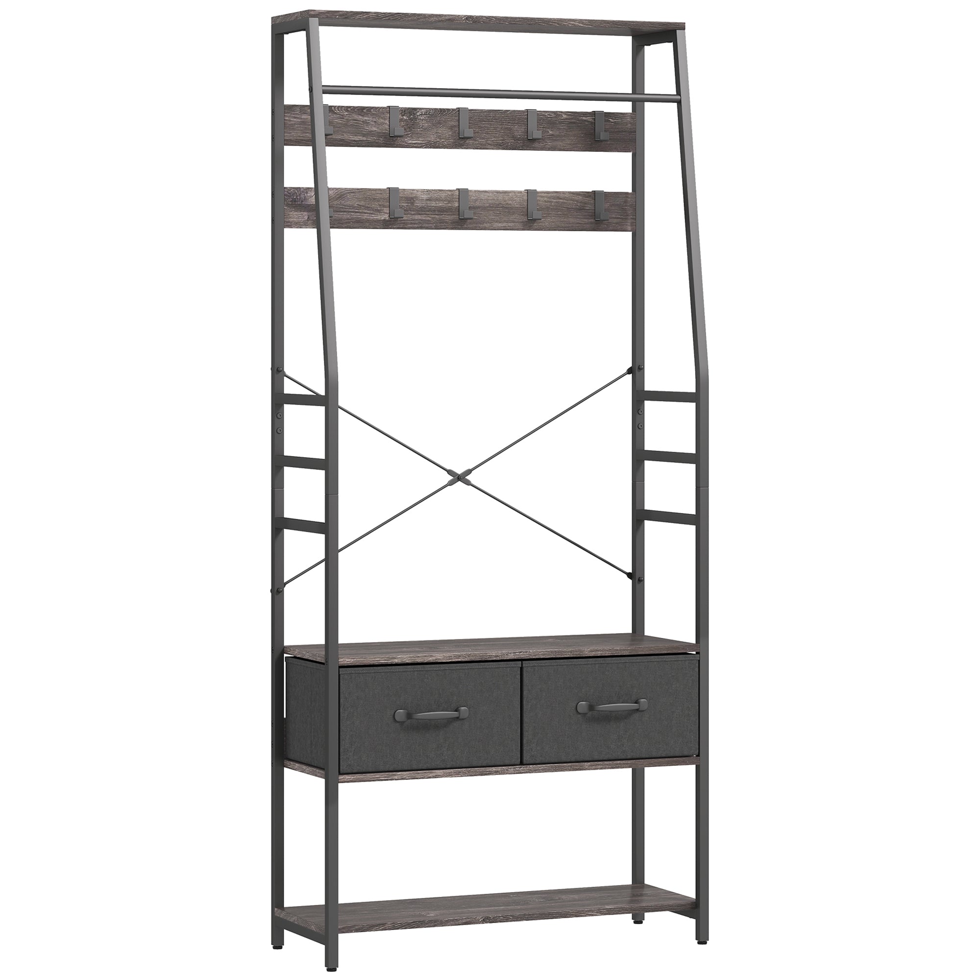 HOMCOM Coat Rack with Shoe Storage, Hall Tree, Industrial Coat Stand with Shoe Bench, 10 Removable Hooks, 2 Fabric Drawers and Clothes Rail for Entryway, Hallway, Grey 