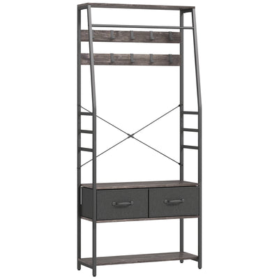 HOMCOM Coat Rack with Shoe Storage, Hall Tree, Industrial Coat Stand with Shoe Bench, 10 Removable Hooks, 2 Fabric Drawers and Clothes Rail for Entryway, Hallway, Grey 