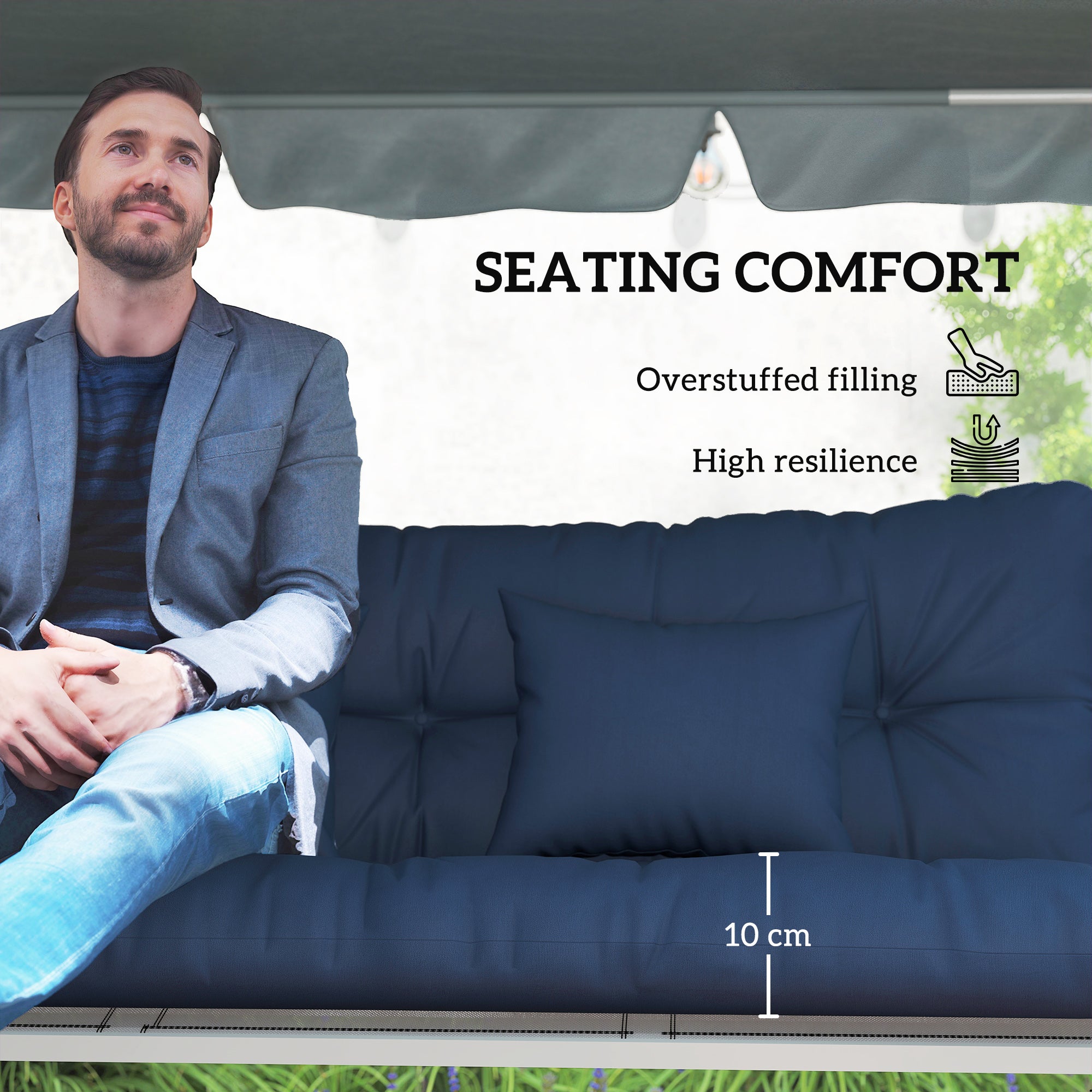 Outsunny Outdoor Seat Cushions Back Cushion with 2 Pillows, Water Repellent Seat Pads for 3-Seater Chair, Dark Blue 