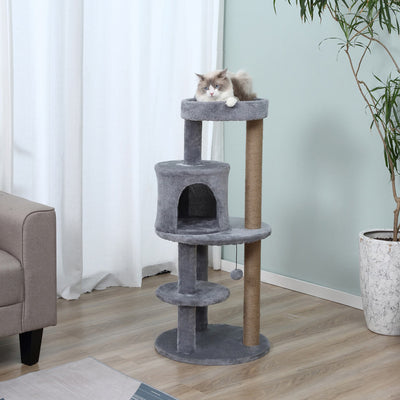PawHut 104 cm Cat Tree, Cat Condo Tree Tower, Cat Activity Centre with Scratching Posts, Plush Perch, Hanging Ball - Grey 