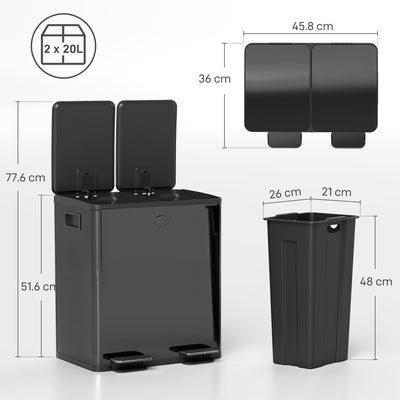 HOMCOM 40L Dual Compartment Stainless Steel Bin, with Deodoriser Holders - Glossy Black 