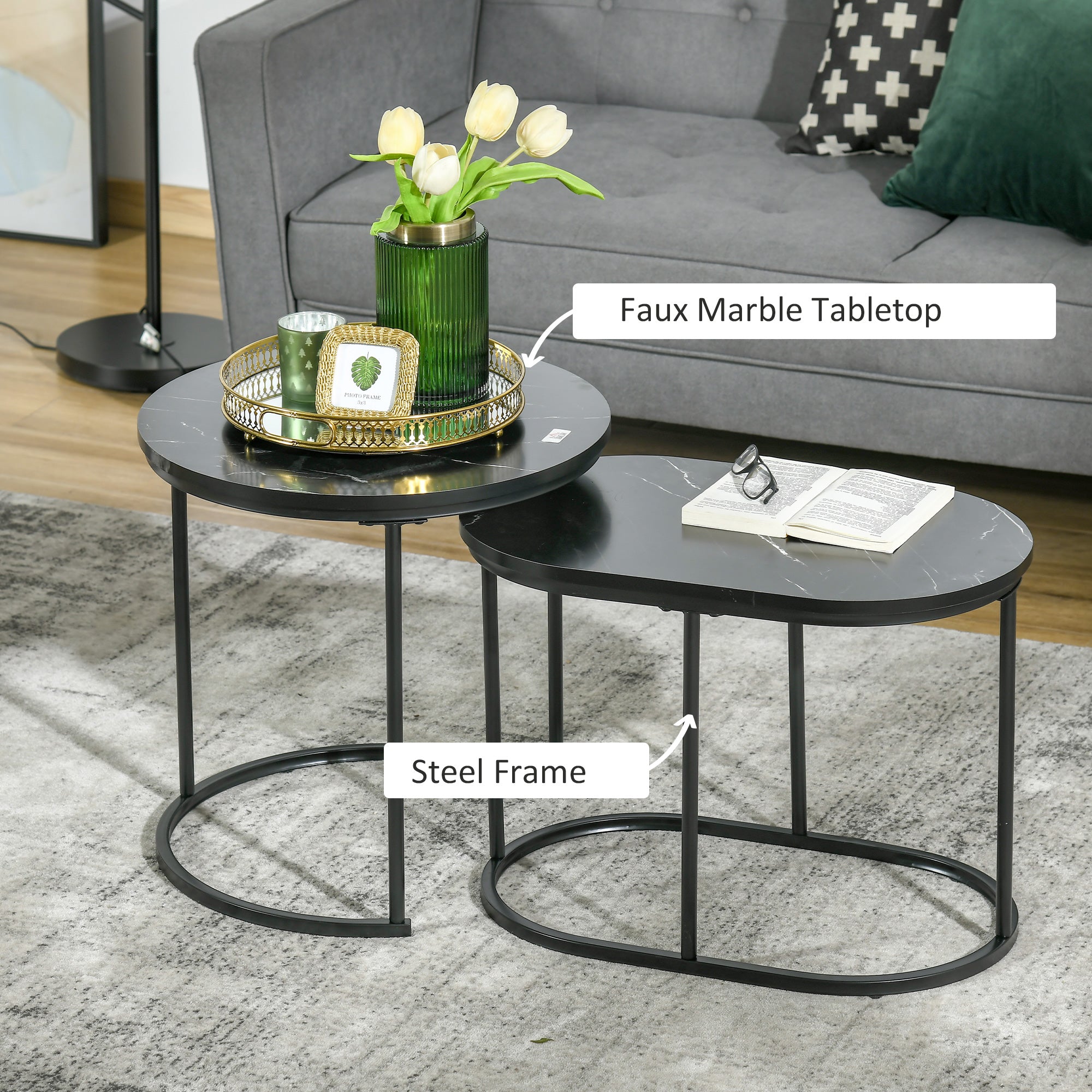 HOMCOM Marble-Effect Nest of Tables - Black/White 