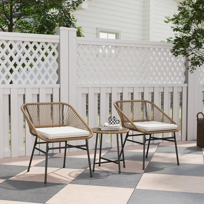 Outsunny 3 Pieces Rattan Bistro Set, Wicker Small Garden Table and Chairs Set with Cushions and Glass Top Coffee Table, Bistro Garden Furniture Set for Outdoor, Patio, Balcony, Natural 